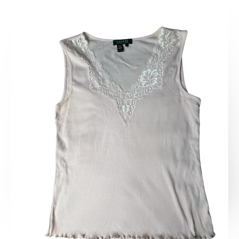 Lauren Ralph Lauren Cream Lace-Trim V-Neck Sleeveless Top Size L